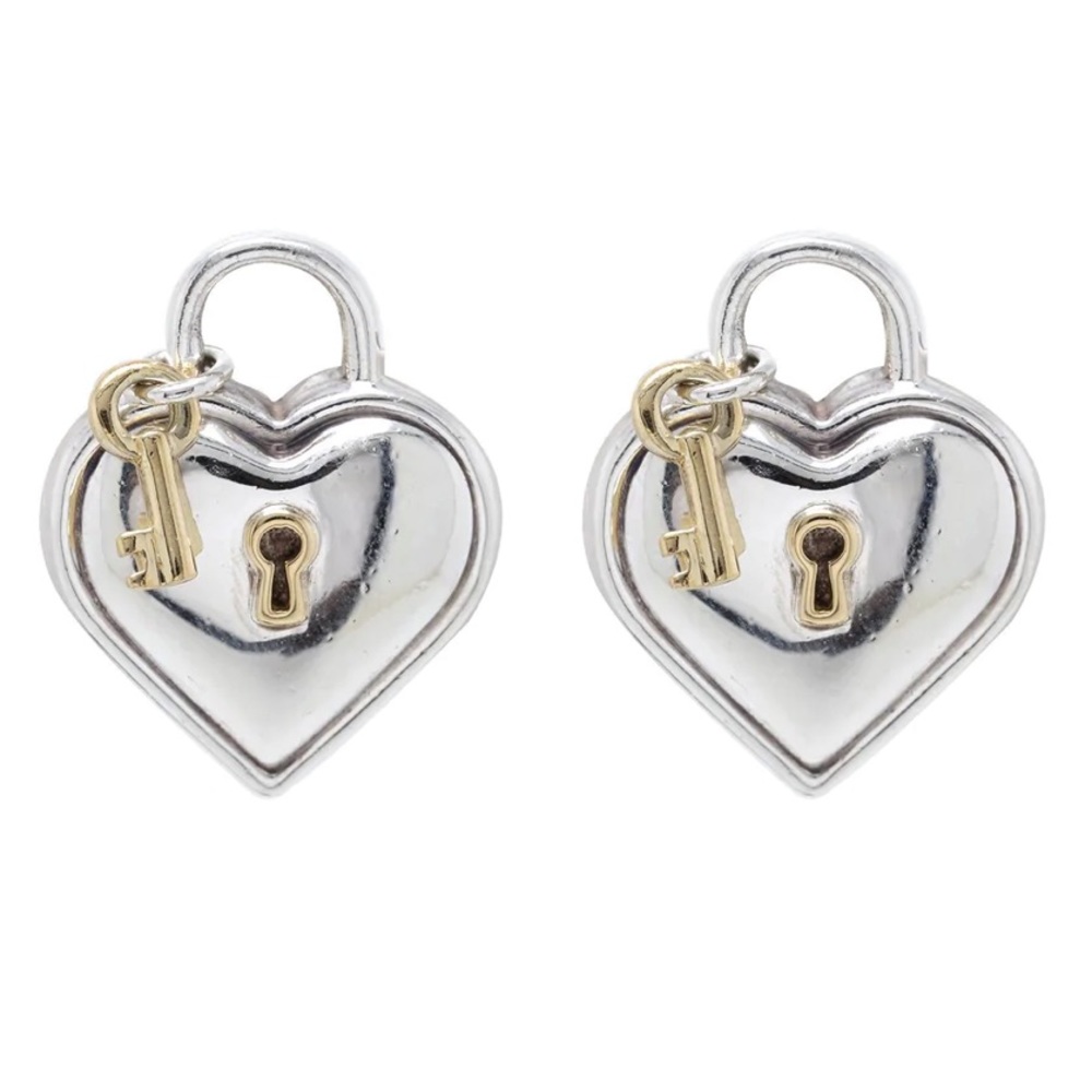 ♡Tiffany & Co™ Vintage Heart Lock &+ Key Earrings. 18K Gold w/ Sterling Silver♡